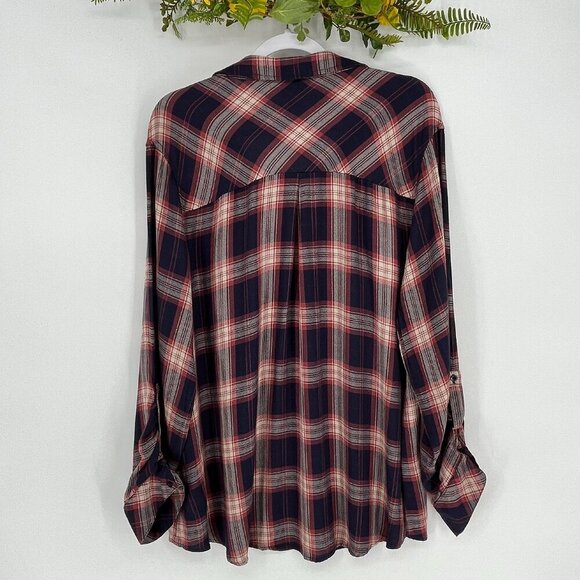 Perch Button Down Shirt Womens Size Plus 3XL brown & navy Roll Tabs - Picture 2 of 7